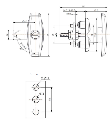 MZ108-1 technical dimension drawing PA black quarter turn T knob lock zinc alloy lock core IP54 adjustable shaft screw mounting size specification