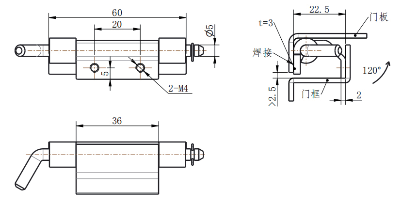 CL248-1 technical dimension drawing spring loaded bolt detachable hinge 120 degree opening mounting hole size and welded frame installation specification
