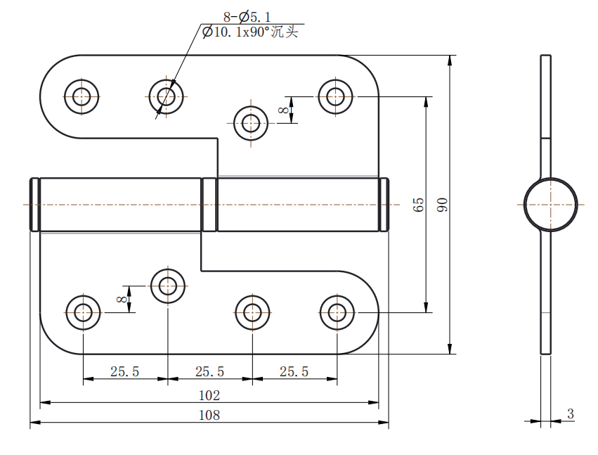 CL249 technical dimension drawing lift off detachable butt hinge 180 degree opening 8 hole mounting size left right specification