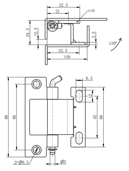 CL250-2 technical dimension drawing concealed adjustable hinge 120 degree opening mounting hole size slotted adjustment plate installation specification