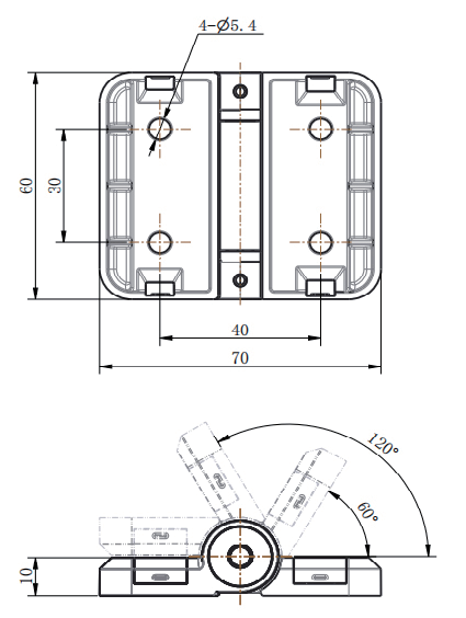 CL251-1A technical dimension drawing zinc alloy heavy duty adjustable hinge 180 degree opening 4 hole mounting size positioning angle specification