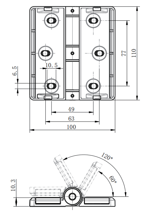 CL251-1B technical dimension drawing zinc alloy heavy duty adjustable hinge 180 degree opening 6 hole mounting size positioning angle specification