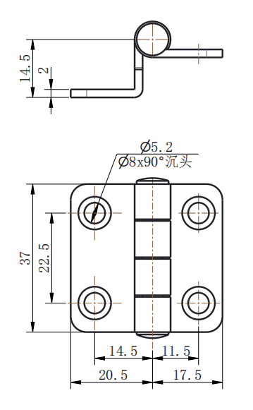 CL253-1 technical dimension drawing SUS304 mirror polished mini butt hinge rounded corner 180 degree opening 4 hole mounting size specification