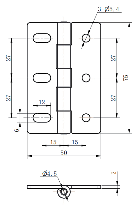CL253-2 technical dimension drawing SUS304 mirror polished adjustable butt hinge 180 degree opening slotted hole and round hole mounting size specification