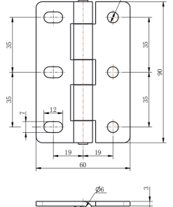 CL253-3 SUS304 stainless steel mirror polished 60x90mm 3mm thick 180 degree heavy duty adjustable butt hinge 3 slotted holes 3-Φ7 mounting Φ6 pin for heavy electrical cabinets machinery enclosures and industrial equipment