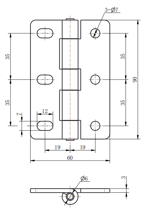 CL253-3 SUS304 stainless steel mirror polished 60x90mm 3mm thick 180 degree heavy duty adjustable butt hinge 3 slotted holes 3-Φ7 mounting Φ6 pin for heavy electrical cabinets machinery enclosures and industrial equipment