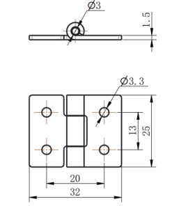 CL253-4A technical dimension drawing SUS304 mirror polished ultra mini butt hinge 180 degree opening 4 hole mounting size specification