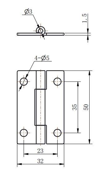 CL253-4 technical dimension drawing SUS304 mirror polished mini butt hinge 180 degree opening weld on and screw on mounting size specification