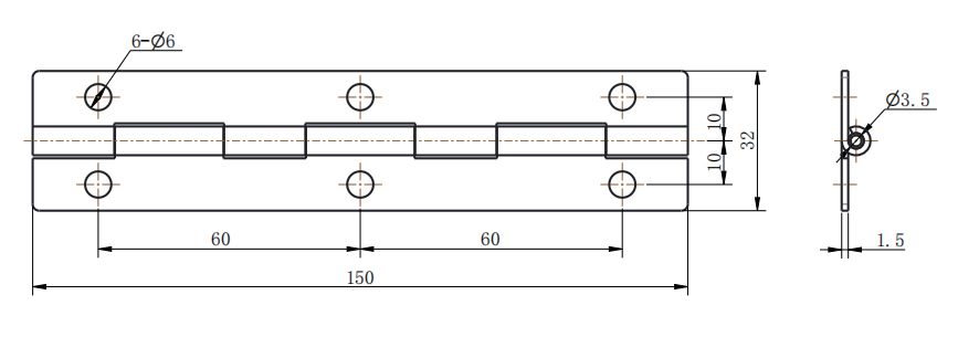 CL253-5 technical dimension drawing steel white zinc plated long continuous piano hinge 180 degree opening 6 hole mounting size specification