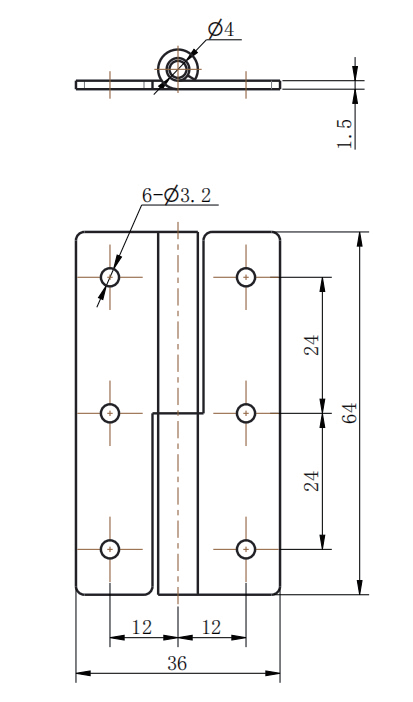 CL253-7 technical dimension drawing SUS304 mirror polished mini butt hinge 180 degree opening 6 hole mounting size specification