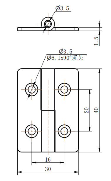 CL253-9 technical dimension drawing SUS304 mirror polished ultra mini countersunk butt hinge 180 degree opening 4 hole flush mounting size specification