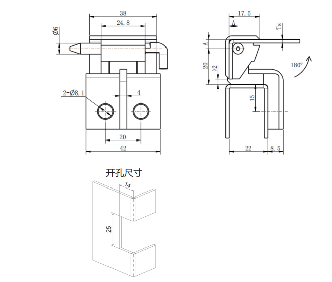 CL255 technical dimension drawing zinc alloy black concealed pivot hinge 180 degree opening mounting hole and cutout size specification CL255-1 CL255-3