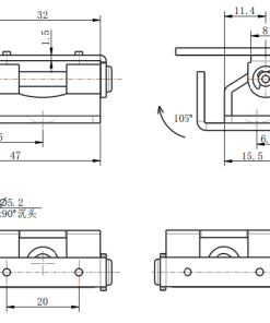 CL257-2 technical dimension drawing steel white zinc plated concealed hinge 105 degree opening left right variant countersunk mounting size specification