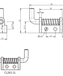 CL263-2 technical dimension drawing steel white zinc plated compact spring loaded bolt hinge left right variant pin and mounting size specification