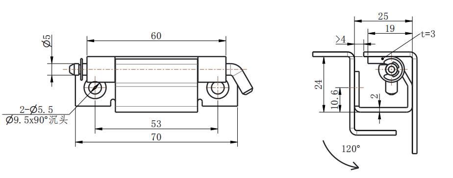 CL275-1 technical dimension drawing steel SUS304 concealed hinge 180 degree opening countersunk mounting hole and U-channel size specification
