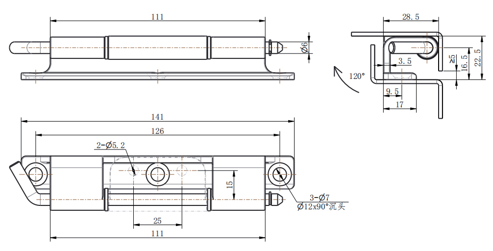 CL283-12 technical dimension drawing SUS304 grinding polished long lift off hinge 180 degree opening asymmetric mounting hole and side profile size specification