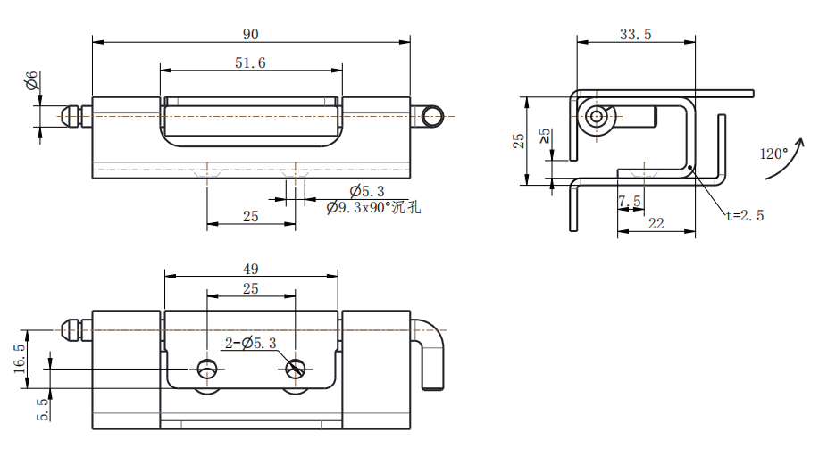 CL283-2A 90mm SUS304 Stainless Steel 120° Grinding Polished Lift-Off Hinge with Countersunk Flush Mounting - Image 2