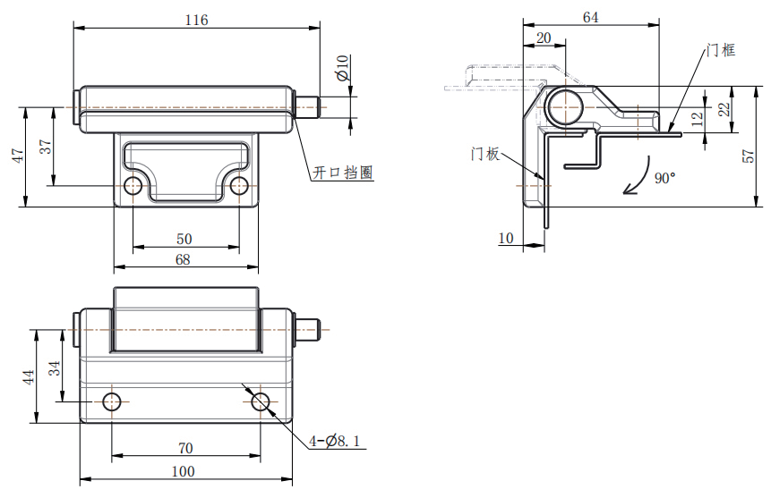 CL293 technical dimension drawing steel sand spray nickel plated heavy duty concealed hinge 90 degree opening mounting hole door panel door frame size specification