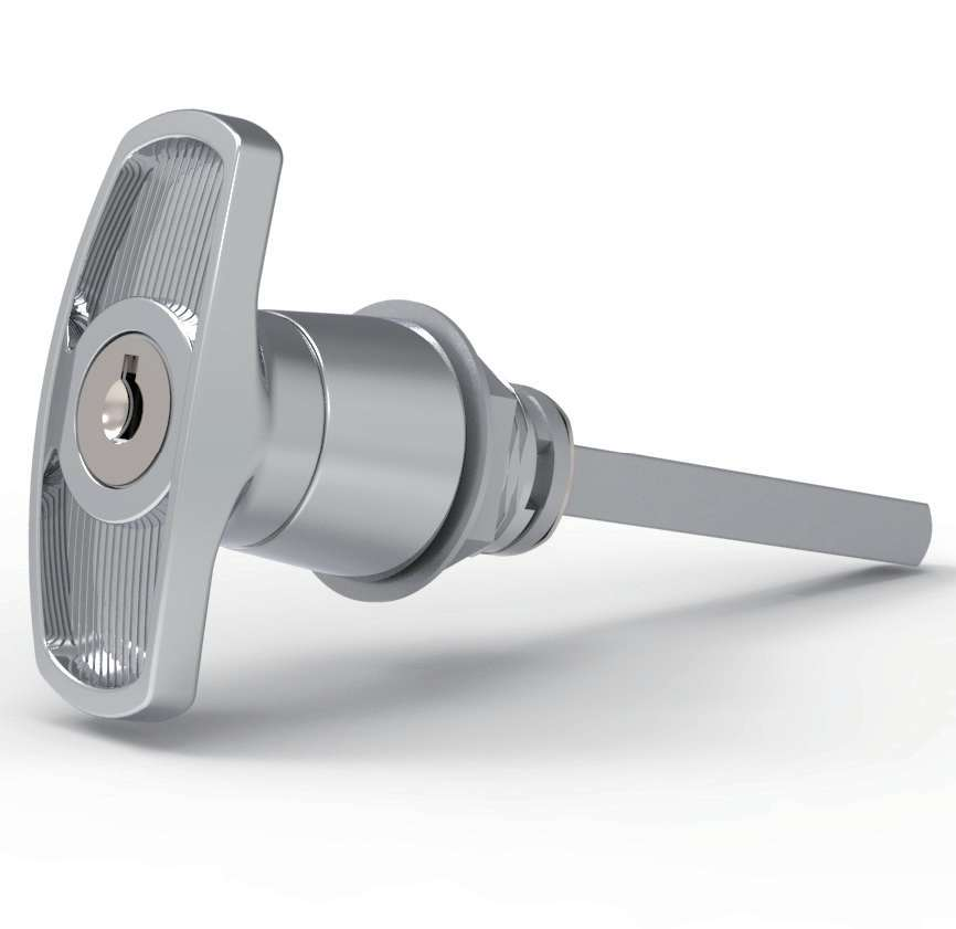 MZ314-1 series zinc alloy bright chrome plated IP65 quarter turn T handle industrial cabinet lock 60mm T-bar MZ314-1 with lock core C8 shaft MZ314-2 without lock core MZ314-1M MZ314-2M M10 threaded shaft 90 degree rotation customizable length for electrical cabinets distribution boxes server racks and machinery enclosures