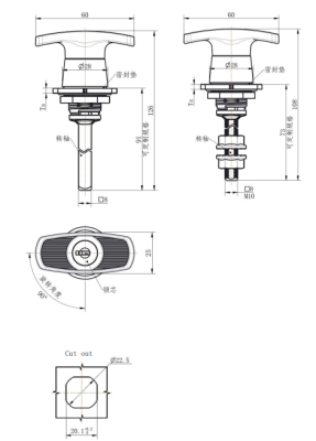 MZ314-1 technical dimension drawing zinc alloy bright chrome quarter turn T handle lock IP65 square cutout mounting C8 smooth M10 threaded shaft size and variant specification