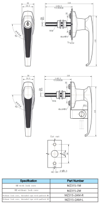MY315-1M technical dimension drawing zinc alloy bright chrome quarter turn L handle lock black grip IP54 M10 threaded shaft dual fixation screw mounting size and variant specification