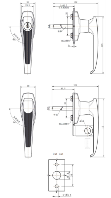MZ315-1 technical dimension drawing zinc alloy bright chrome quarter turn L handle lock black grip IP65 screw mounting round hole C8 shaft size and variant specification