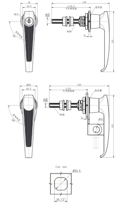 MZ315-3M technical dimension drawing zinc alloy bright chrome quarter turn L handle lock black grip IP65 M10 threaded shaft square cutout mounting size and variant specification