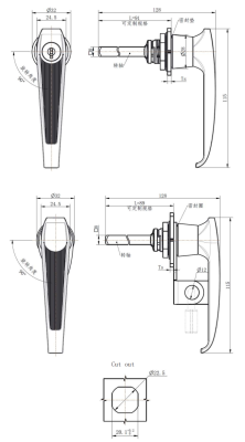 `MZ315-3 technical dimension drawing zinc alloy bright chrome quarter turn L handle lock black grip IP65 square cutout mounting C8 shaft size and variant specification`