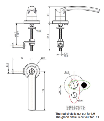 MZ320-1 technical dimension drawing PA black quarter turn L handle lock zinc alloy lock core M10 threaded shaft pressure plate left right hand cutout size specification