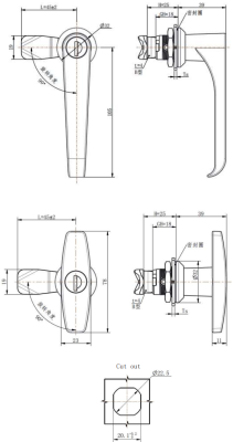 MZ324 technical dimension drawing zinc alloy SUS black powder coated quarter turn lock L T handle IP54 square cutout mounting B type cam shaft size and 8 variant specification