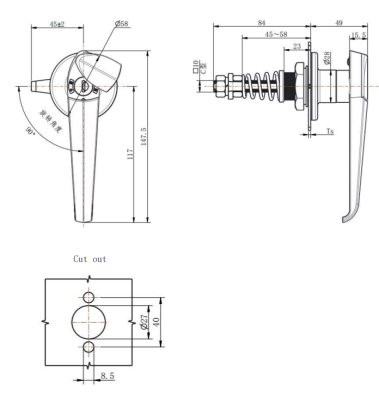 MZ807-1 technical dimension drawing zinc alloy bright chrome quarter turn compression L handle lock dust cap IP65 spring loaded C10 shaft round cutout mounting size specification