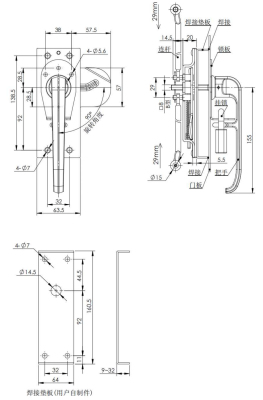 MZ841-1 technical dimension drawing SUS304 brushed quarter turn lock connecting rod padlock facility lock panel base plate weld plate mounting size and assembly specification