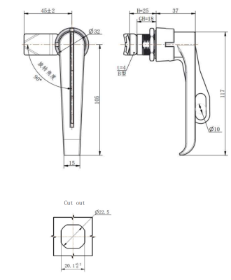 MZ842-1 technical dimension drawing zinc alloy SUS304 quarter turn L handle lock IP54 square cutout mounting B type cam shaft size and variant specification