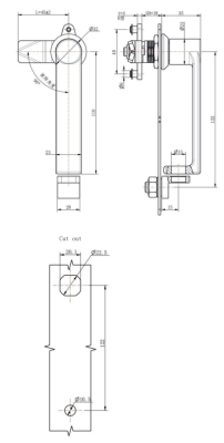 MZ868-1B technical dimension drawing SUS304 wire polished quarter turn L handle lock hook latch IP54 square cutout mounting B type shaft size specification