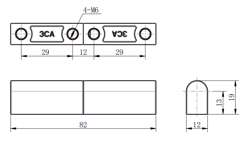CL204-3CA dimension drawing 82mm total length 4-M6 internal threaded mounting holes