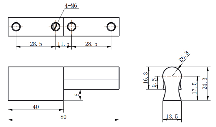 CL204-3D technical dimension drawing 80mm total length 8mm offset step 4-M6 mounting holes