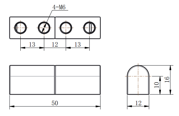 CL204-7 technical drawing 50mm total length 4-M6 internal threaded mounting holes 180 degree opening angle
