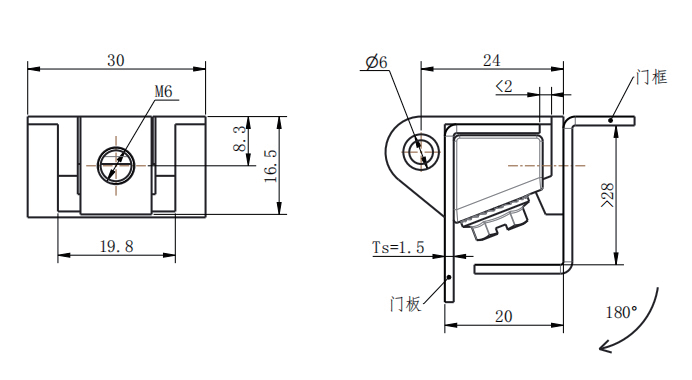 CL208 technical dimension drawing M6 mounting screw clip type hidden hinge for 1.5mm thickness sheet metal
