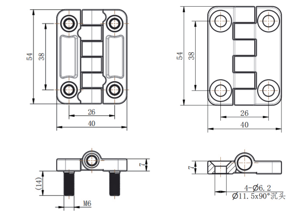 CL209 series dimension drawing CL209-1 threaded stud version CL209-2 countersunk hole version 54mm×40mm hinge