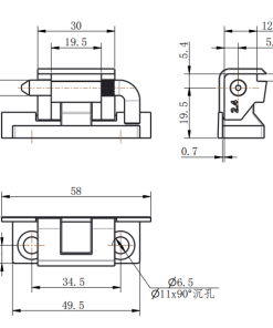 CL211-1A technical dimension drawing 58mm length two Φ6.5 90° countersunk holes removable pivot hinge