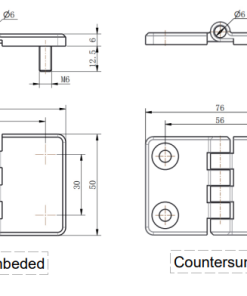 CL214 technical dimension drawing 76*50mm two installation versions M6 stud and 90 degree countersunk pivot hinge