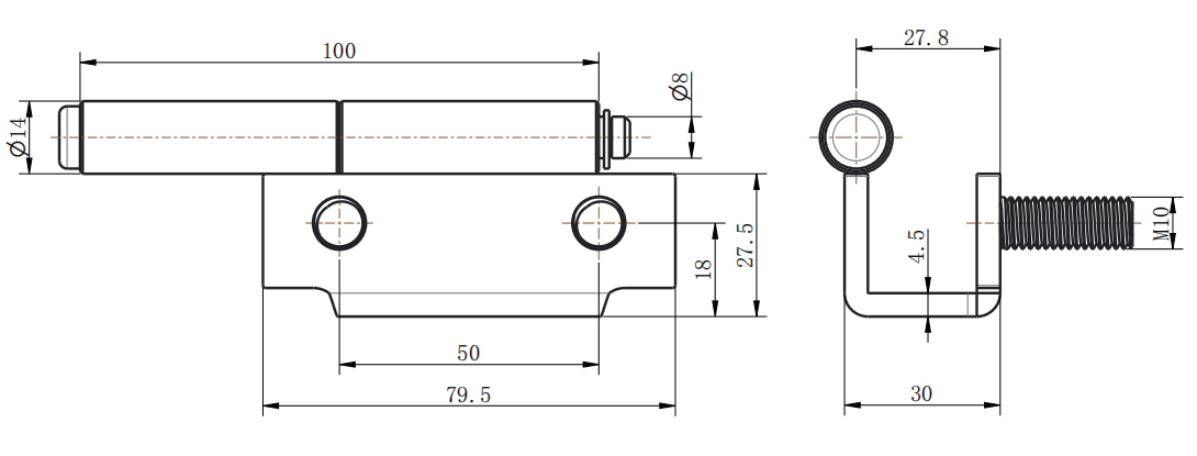 CL218-1 full technical dimension drawing 100mm length limited 90° swing removable pivot hinge