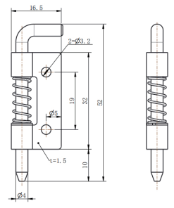 CL225-2 technical dimension drawing compact spring rebound removable hinge with 2-Φ3.2 mounting hole size specification