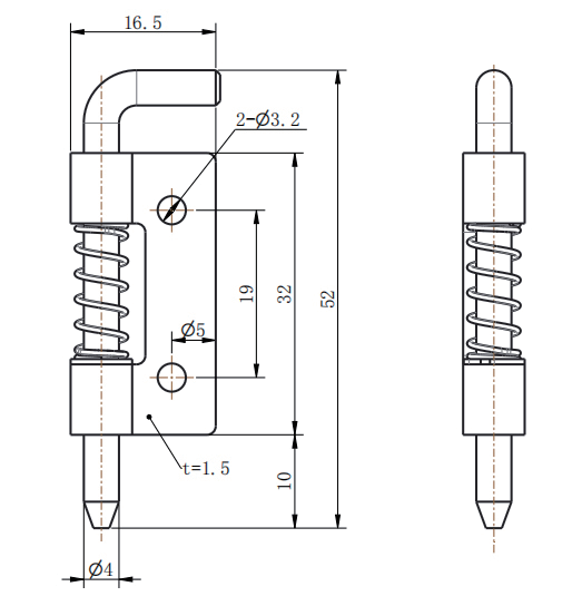 CL225-2 technical dimension drawing compact spring rebound removable hinge with 2-Φ3.2 mounting hole size specification