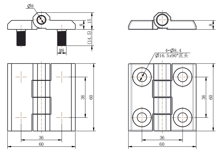 CL226-1A and CL226-1 dimension drawing zinc alloy hinge 180° opening countersunk hole vs M8 stud mounting specification