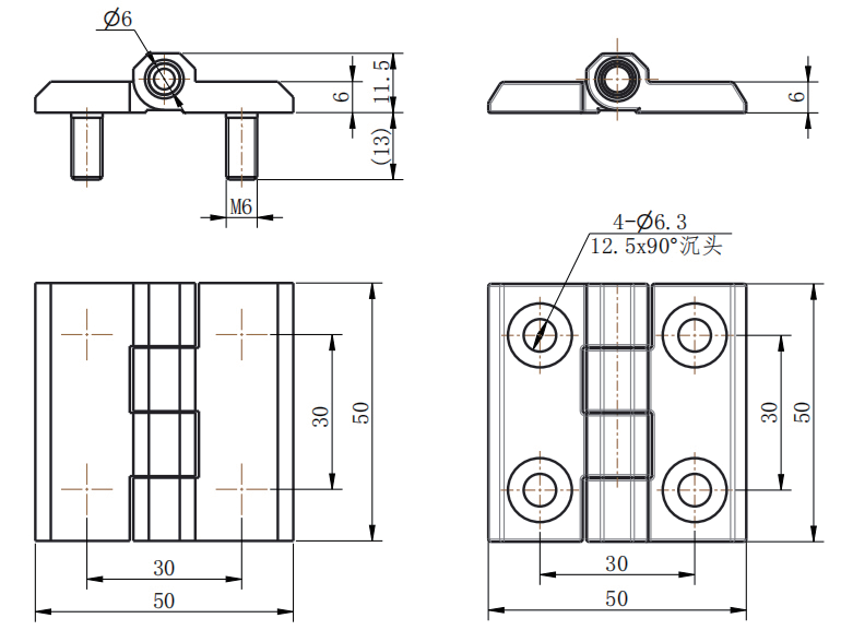 CL226-2A and CL226-2 dimension drawing zinc alloy hinge 180° opening countersunk hole vs M6 stud mounting size specification