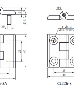CL226-3A and CL226-3 dimension drawing zinc alloy hinge 180° opening countersunk hole vs M5 stud mounting specification