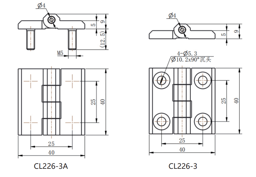 CL226-3A and CL226-3 dimension drawing zinc alloy hinge 180° opening countersunk hole vs M5 stud mounting specification