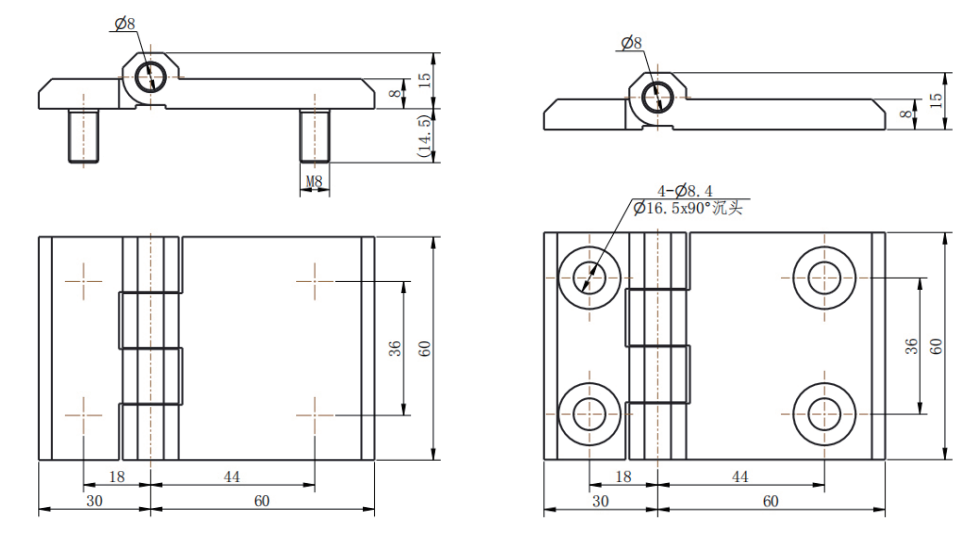 CL226-4A and CL226-4 dimension drawing offset zinc alloy hinge 180° opening countersunk hole vs M8 stud mounting size specification