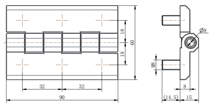 CL226-5A technical dimension drawing zinc alloy hinge 180° opening M8 stud mounting specification